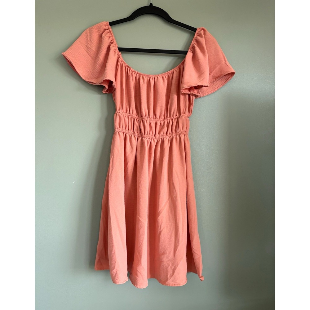 Altar'd State Women's Pink Smocked Waist A-Line Dress Scoop Neck Puff XS